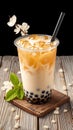 Bubble milk tea displayed on wooden background, enticing beverage concept Royalty Free Stock Photo