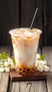 Bubble milk tea displayed on wooden background, enticing beverage concept Royalty Free Stock Photo