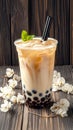 Bubble milk tea displayed on wooden background, enticing beverage concept Royalty Free Stock Photo