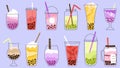 Bubble milk tea kawaii graphics. Taiwan smoothies, asian ice drink with fuits. Sweet cartoon bubbles dessert. Isolated