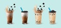 Bubble milk tea menu ads with delicious tapioca and pearl pouring into glass cup 3d illustration.