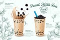 Bubble milk tea menu ads with delicious tapioca and pearl pouring into glass cup 3d illustration.