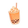 Bubble milk tea with orange juice flavor. Pearl boba drink in glass cup with bubbles, cream, fruit. Thai tapioca