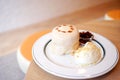 Bubble milk tea SoufflÃÂ© pancake dessert. Japanese fluffy pancake topped with fresh cream and bubble/boba pearl