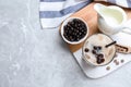 Bubble milk tea with tapioca balls on light grey marble table, flat lay. Space for text