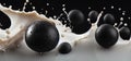 Bubble milk tea with tapioca balls splashing against black background