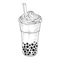 Bubble Milk Tea. Vector illustration of drink with boba pearls. Hand drawn clipart on isolated background. Linear