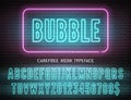 Bubble night light extra glowing effect hollow font with numbers on dark brick background. Vector blue neon alphabet