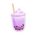 Bubble pearl tea in glass cup. Taro boba milk drink with cream and straw. Asian tapioca beverage with coffee beans