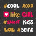 Cool, hashtag, like, girl, sweet, kiss, lol, selfie. Sticker collection set for social media content. Vector hand drawn