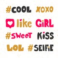 Cool, hashtag, like, girl, sweet, kiss, lol, selfie. Sticker collection set for social media content. Vector hand drawn