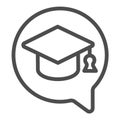 Bubble with student hat line icon, education concept. Vector graphics. Graduation cap in speech dialog, popup sign on Royalty Free Stock Photo