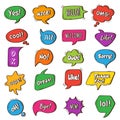 Bubble talk. Speech round frames with phrases different tags dialogue words vector chat symbols