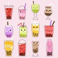 Bubble tea asian drink with kawaii faces. Kids mascots, isolated sweet pearl drinks with fruits. Milk beverages with Royalty Free Stock Photo