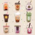 Bubble tea. Asian traditional drink milkshake cup drinking dessert in plastic glasses vector doodle illustrations Royalty Free Stock Photo