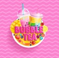 Bubble tea banner. Bubbletea with fruits, berries.