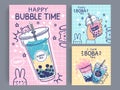 Bubble tea banner. Famous drink asian bubble tea, taiwanese green or fruit tea with balls in plastic cups, pearl milk Royalty Free Stock Photo