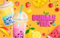 Bubble tea banner. Milkshake smoothie with fruits.
