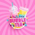 Bubble tea banner on sweet sunburst background.