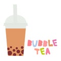 Bubble Tea with chocolate cocoa coffee. Milk Cocktails in plastic cup, tubule, pastel colors on white background. Vector