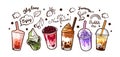 Bubble tea, coffee drink. Doodle cup of ice milk, milkshake with fruits, cartoon beverages, cute cafe menu, dessert with Royalty Free Stock Photo