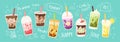 Bubble tea, coffee drink. Doodle cup of ice milk, milkshake in glasses, cute cartoon beverages for cafe menu, dessert ad