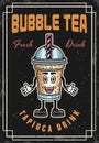 Bubble tea cup cartoon character tapioca drink vintage colored poster vector illustration. Layered, separate grunge