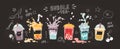 Bubble tea cup. Cartoon hand drawn poster of sweet drinks. Glasses and splashing liquid. Collection of yummy milk shakes