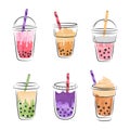 Bubble tea cup set. Vector colourful collection of watercolor pearl milk tea Royalty Free Stock Photo