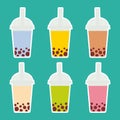 Bubble Tea with different fruits and berries. Milk Cocktails in plastic cup, tubule. Different sorts of Bubble Tea Cocktails. past