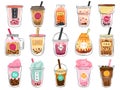 Bubble tea doodles. Dessert asian drinks in plastic cups delicious cold mocha freshness tea vector illustrations set