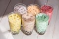 Bubble tea. Homemade Various Milk Tea with Pearls on wooden tabl Royalty Free Stock Photo