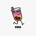 Bubble tea illustration with delicious tapioca and jelly delivery. Boba tea running character illustration logo.