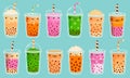 Bubble tea mascots. Cute bubble milk tea, matcha milk and green tea with tapioca pearls. Boba tea cute cartoon