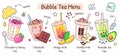 Bubble tea menu, boba drink in different flavors. Summer iced tea with tapioca pearls, taiwan pearl milk drinks shop