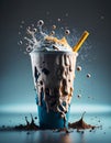 Bubble tea and milk with bright splashes. The drinking water is chocolate and added with a sprinkle of cocoa powder.
