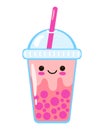 Bubble tea - or pearl boba milk tea - cute vector charcter with kawaii face. illustration in simple flat style. plastic