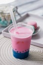 Bubble tea in pink and blue color in a plastic Cup with a straw. Soft,beautiful colors Royalty Free Stock Photo