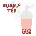 Bubble Tea with pink raspberry strawberry watermelon berries. Milk Cocktails in plastic cup, tubule, heart pastel colors on white