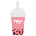 Bubble Tea with pink raspberry strawberry watermelon berries. Milk Cocktails in plastic cup, tubule, pastel colors on white backgr