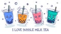 Bubble tea. Plastic cup with cute emotions smile characters and pearl milk tea, green, coffee and fruit tea with balls