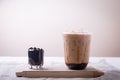 Bubble tea in plastic cups on a wooden plate Royalty Free Stock Photo