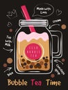 Bubble tea poster. Print cafe menu design with funny text typography placard plastic cold delicious drink fresh tea