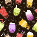 Bubble tea seamless pattern. Bubbles boba drink, milk shakes background. Sweet breakfast, cartoon kitchen or cafe decent