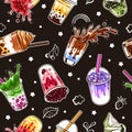 Bubble tea seamless pattern. Bubble milk drink with pearl balls, delicious asian sweet cold cup with ice tapioca