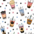 Bubble tea seamless pattern. Popular asian cold drink, pearl milk tea, trendy breakfast taiwanese boba tea with tapioca