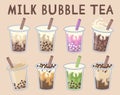 Bubble tea set. Boba or pearl milk tea of different flavours. Cold summer Royalty Free Stock Photo