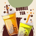 Bubble tea with tapioca in plastic cups. Background with bubble tea.