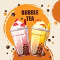 Bubble tea with tapioca in plastic cups. Background with bubble tea.