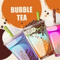 Bubble tea with tapioca in plastic cups. Background with bubble tea.